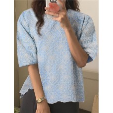 Embroidered Round Neck Puff Sleeve Casual Blouse