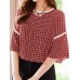 Contrast Check Print Half Sleeve Crew Neck Chiffon Blouse