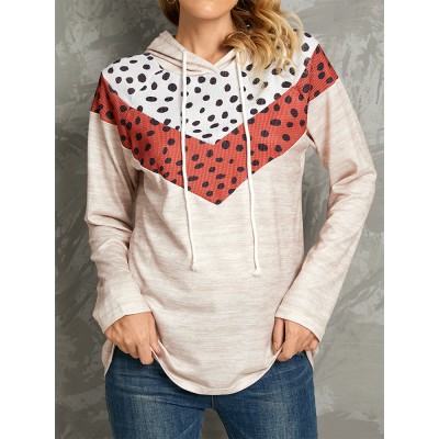 PolkaDot Print Patchwork Casual Drawstring Long Sleeve Round Neck Hoodies