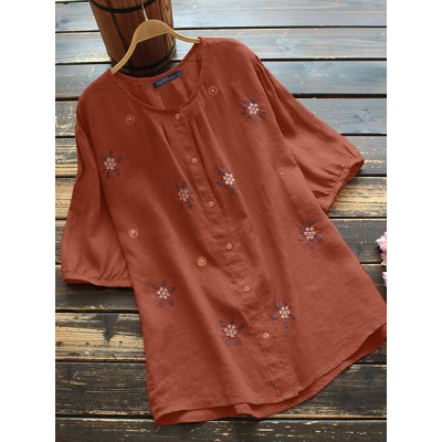 Embroidered Button Round Neck Short Sleeve Casual Cotton Blouse