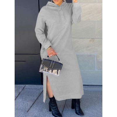 Women Solid Split Drawstring Long Sleeve Casual Ankle Length Hooded Sweatshirts