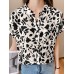 Allover Leaves Print Pocket Button Front Stand Collar Blouse