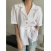 Solid Button Tie  Up Lapel Short Sleeve Casual Cotton Blouse