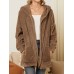 Women Plush Coat Open Front Side Pockets Casual Hooded Sweatshirt