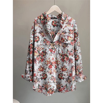 Flower Print Pocket Button Long Sleeve Shirt