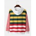 Men Colorful Striped Rose Print Chest Pocket Button Hooded Sweatshirt