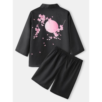 Mens Cherry Blossoms Letter Print Kimono Loose Two Pieces Outfits