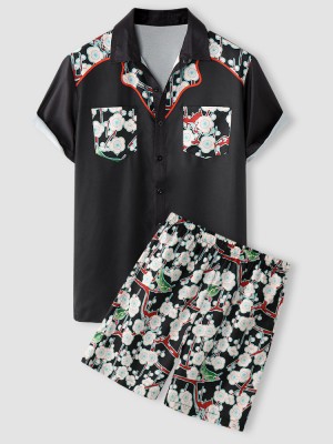 Mens Floral Print Double Pocket Button Up Holiday Two Pieces Outfits