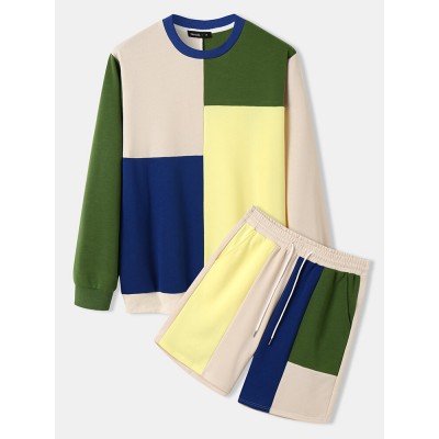 Mens Color Block Patchwork Crew Neck Sweatshirt Loose Two Pieces Outfits