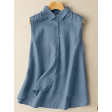 Solid Button Lapel High  Low Hem Sleeveless Casual Shirt