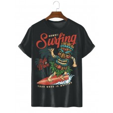 Men's Tiki Surfboard Illustration Short Sleeve T-Shirt