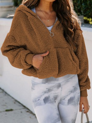 Women Solid Zipper Up Plus Size Lamb Pocket Long Sleeve Casual Hoodies