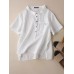 Cotton Solid Button Pocket Embroidered Lapel Casual Blouse