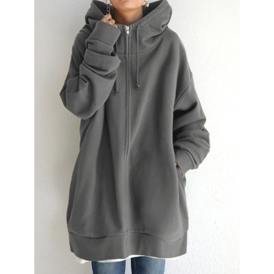 Women Hooded Fleece Long Loose Cap Rope Casual Sweatshirt with Side Pockets