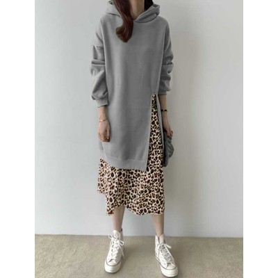 Women Hooded Leopard Printed Contrast Color Faux two  piece Patchwork Sweatshirt Dress