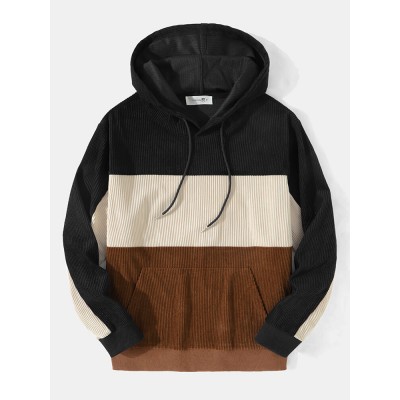 Mens Colorblock Quarter Corduroy Kangaroo Pocket Long Sleeve Hoodies