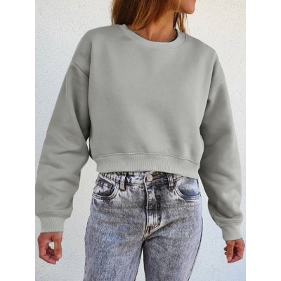 Women Thick Solid Puff Sleeve Solid Color O  Neck Full Sleeve Pullover Sweatshirt