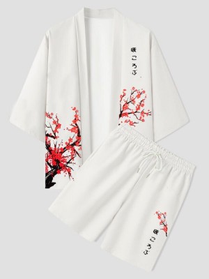 Mens Plum Bossom Japanese Print 3 4 Sleeve Kimono Two Pieces Outfits