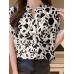 Allover Leaves Print Pocket Button Front Stand Collar Blouse