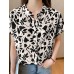 Allover Leaves Print Pocket Button Front Stand Collar Blouse