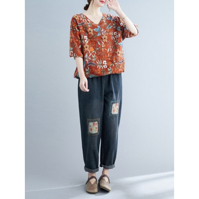 Plant Print Drawstring V Neck Casual Blouse