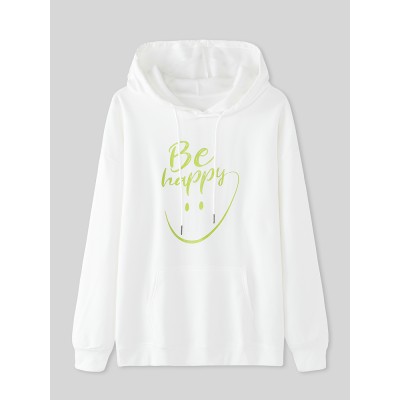 Women Smile Face Letter Print Pouch Pocket Casual Long Sleeve Hoodies