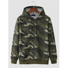 Men Camo Print Zipper Drawstring Bodycorn Hem Casual Hooded Sweatshirt