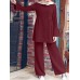 Women Solid Color Ruffle Hem Long Sleeve Top Loose Pants Casual Two  Piece Sets