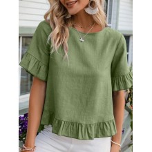 Solid Ruffle Round Neck Short Sleeve Casual Blouse