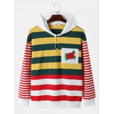 Men Colorful Striped Rose Print Chest Pocket Button Hooded Sweatshirt