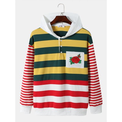 Men Colorful Striped Rose Print Chest Pocket Button Hooded Sweatshirt