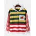 Men Colorful Striped Rose Print Chest Pocket Button Hooded Sweatshirt