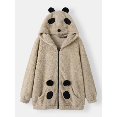 Women Plush Panda Pocket Long Sleeve Casual Hooded Sweatshirts