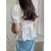 Cotton Flower Print Knotted Short Sleeve V Neck Blouse