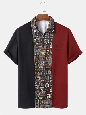 Mens Smile Face   Geometric Print Patchwork Short Sleeve Golf Shirts